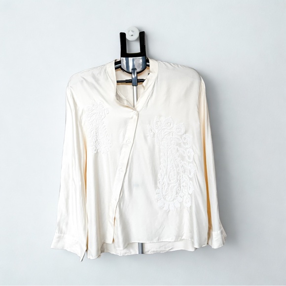 Zara Ivory Beaded Embroidered Blouse Cupro Asymmetrical Top Size M - Picture 2 of 5